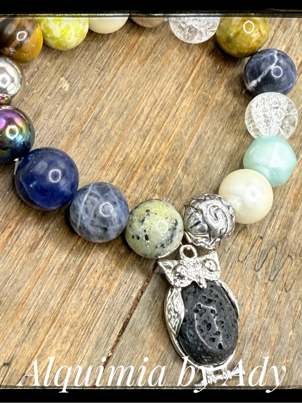 Alquimia Blue, Yellow-Green and Black Beaded Bracelet with Silver Owl Charm